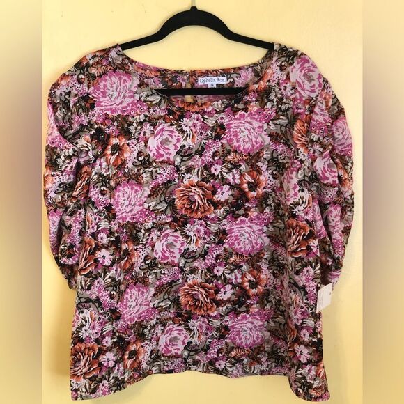 Ophelia Roe. Womens Floral Print Ruched Sleeve Top Blouse Black Pink Size 2X NWT - Picture 1 of 4